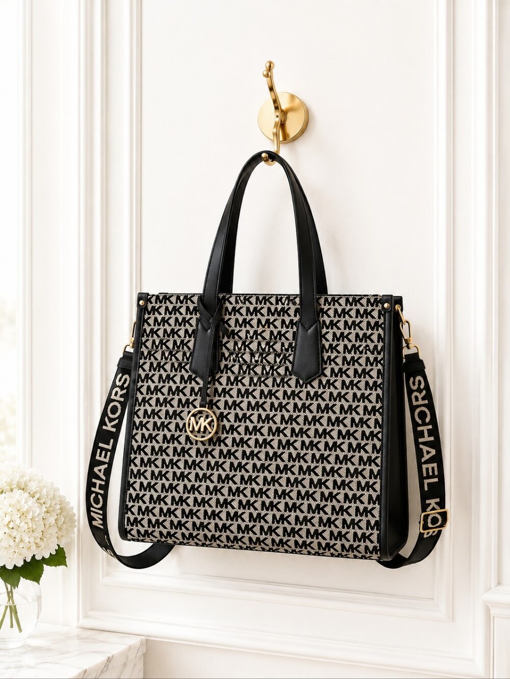 Michael Kors Black & Beige MK Monogram Tote with Logo Strap - Picture 1 of 8